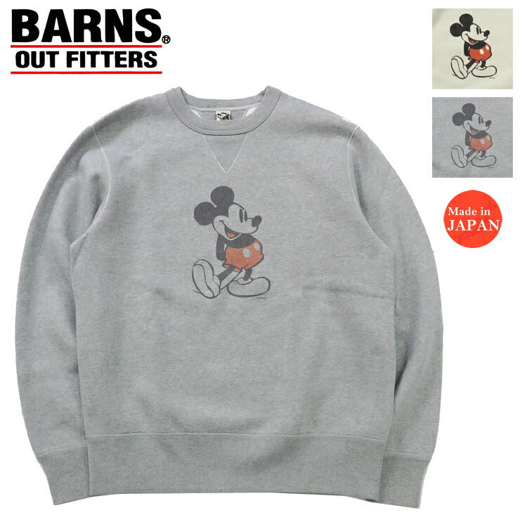 バーンズ BARNS 長袖 COZUN 両Vガセット クルーネック スウェット トレーナー プリント Mickey Mouse BR-24391【2024-25年秋冬新作】