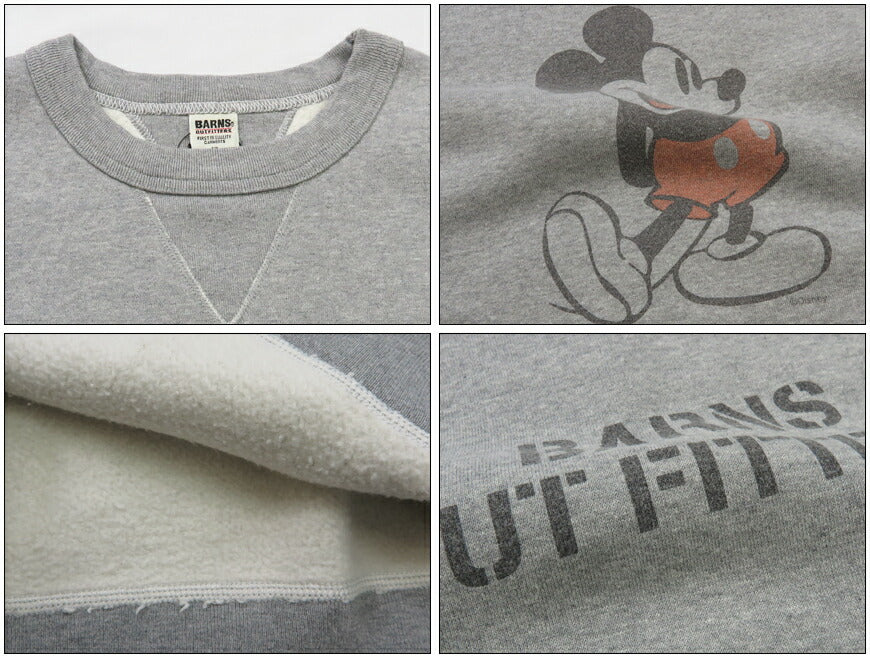 バーンズ BARNS 長袖 COZUN 両Vガセット クルーネック スウェット トレーナー プリント Mickey Mouse BR-24391【2024-25年秋冬新作】