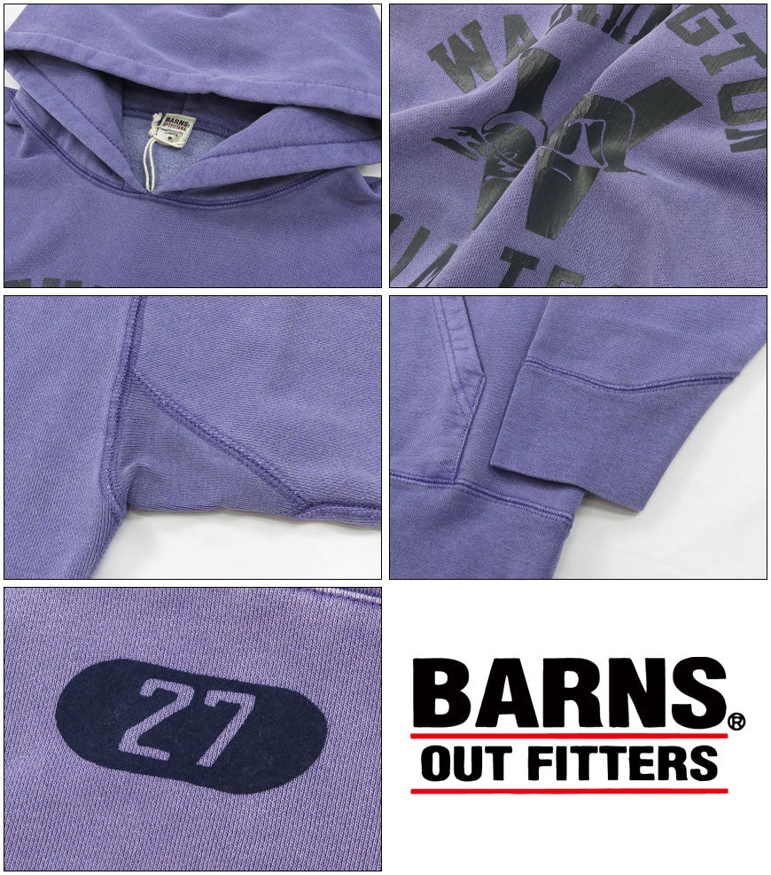 バーンズ BARNS 長袖 プルパーカー アスレチックシリーズ プリント ピグメント染め ”WASHINGTON SWIM TEAM” BR-24445【2024-25年秋冬新作】
