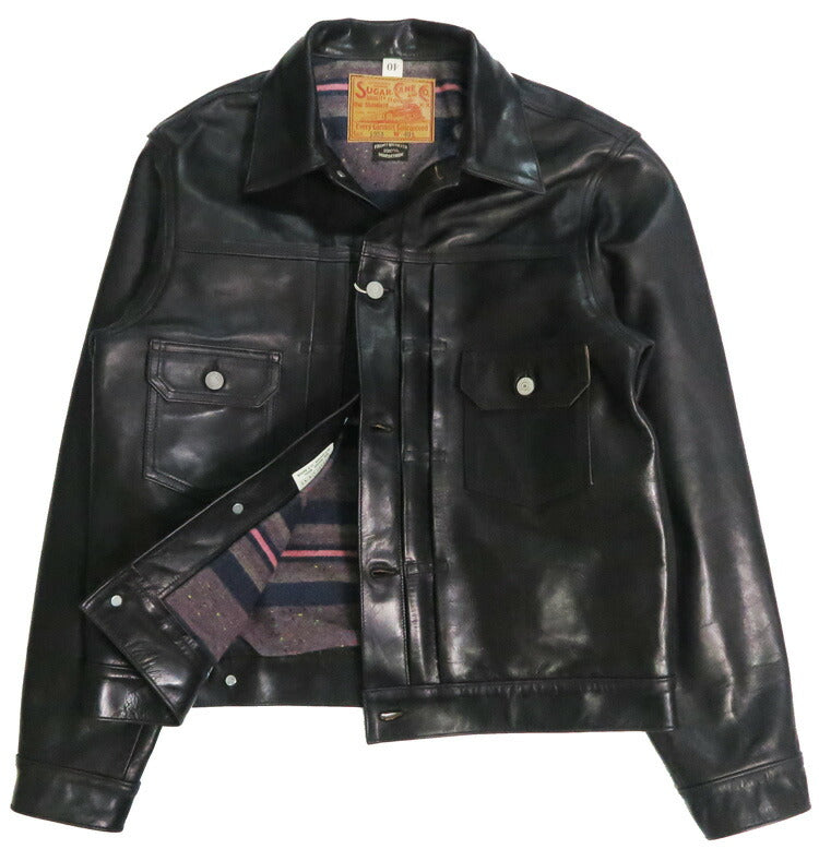 SUGAR CANE シュガーケーン ブラックホースハイド レザージャケット 2nd 1953モデル ボーダーウールブランケット裏地 馬革 茶芯 SC80681 【2025年秋冬新作】