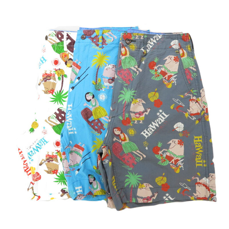 サンサーフ SUN SURF ショーツ ハーフパンツ シアサッカー生地 COTTON SEERSUCKER SHORTS “TRIP TO HAWAII” by 柳原良平 with MOOKIE SS52569