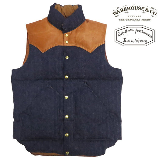 ウェアハウス WAREHOUSE ロッキーマウンテン フェザーベッド ROCKY MOUNTAIN FEATHERBED インディゴヘリンボーン ダウンベスト ホースハイド レザーヨーク NYLON DOWN VEST ホワイトダックダウン WH2237 【2025年秋冬新作】