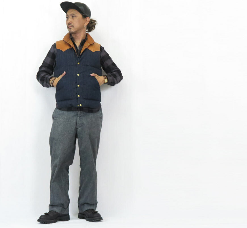 ウェアハウス WAREHOUSE ロッキーマウンテン フェザーベッド ROCKY MOUNTAIN FEATHERBED インディゴヘリンボーン ダウンベスト ホースハイド レザーヨーク NYLON DOWN VEST ホワイトダックダウン WH2237 【2025年秋冬新作】
