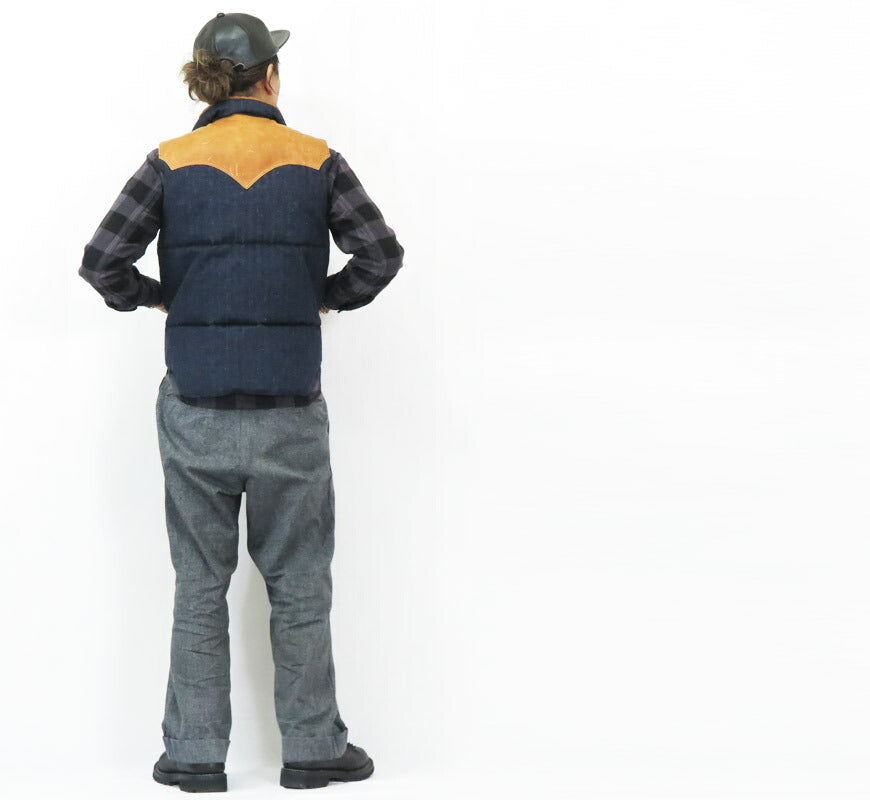 ウェアハウス WAREHOUSE ロッキーマウンテン フェザーベッド ROCKY MOUNTAIN FEATHERBED インディゴヘリンボーン ダウンベスト ホースハイド レザーヨーク NYLON DOWN VEST ホワイトダックダウン WH2237 【2025年秋冬新作】