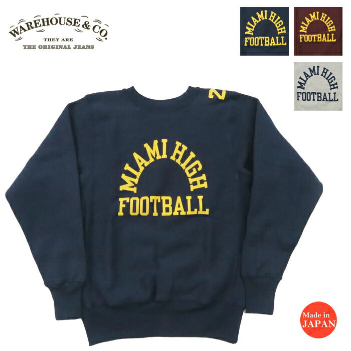 ウェアハウス WAREHOUSE 長袖 リバーススタイル クルーネック プリント スウェット トレーナー MIAMI HIGH FOOTBALL WH483 【2024-25年秋冬新作】