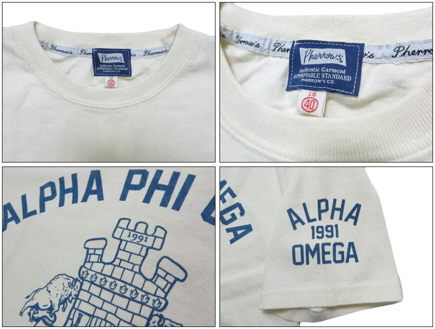 フェローズ PHERROW'S 半袖 プリント Tシャツ「ALPHA PHI OMEGA」25S-PT21【2025年春夏新作】