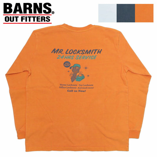 バーンズ BARNS 長袖 プリント サンフェード Tシャツ ピグメント染め "Mr.Locksmith" BR-24414【2024-25年秋冬新作】