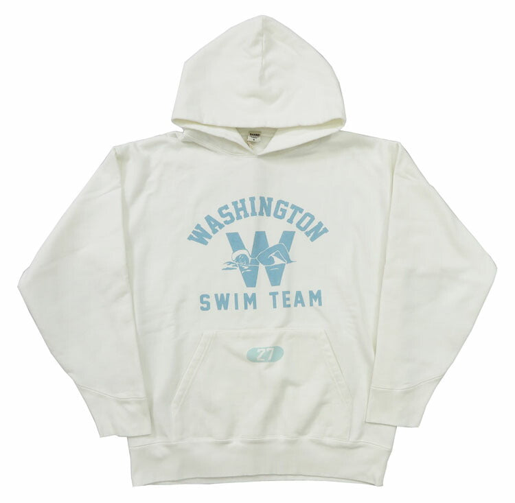 バーンズ BARNS 長袖 プルパーカー アスレチックシリーズ プリント ピグメント染め ”WASHINGTON SWIM TEAM” BR-24445【2024-25年秋冬新作】