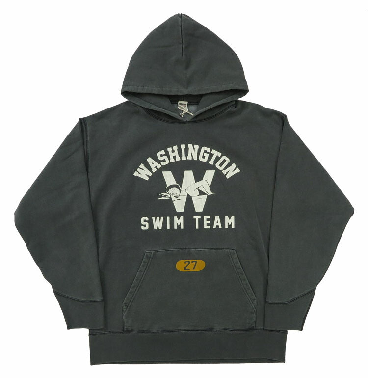 バーンズ BARNS 長袖 プルパーカー アスレチックシリーズ プリント ピグメント染め ”WASHINGTON SWIM TEAM” BR-24445【2024-25年秋冬新作】