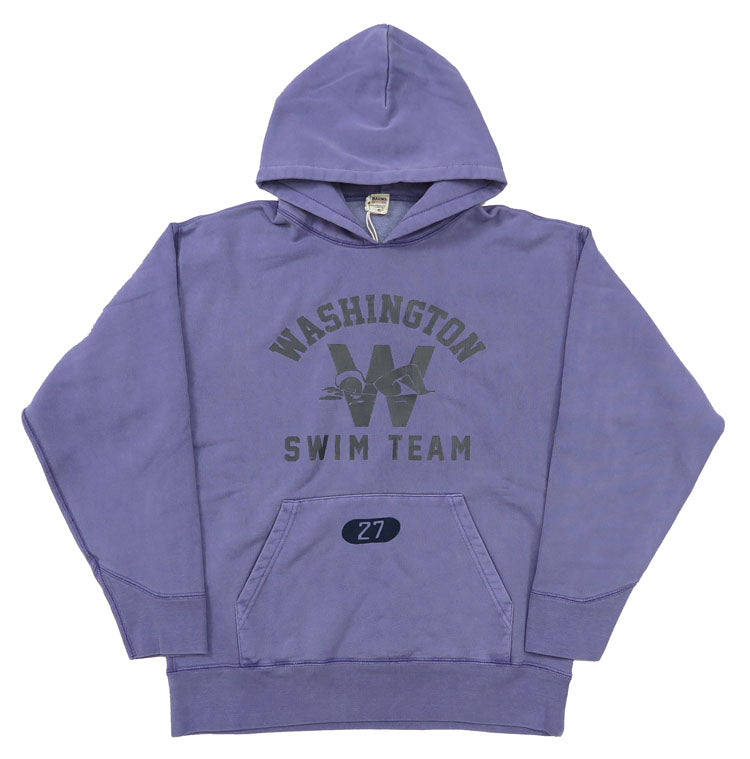 バーンズ BARNS 長袖 プルパーカー アスレチックシリーズ プリント ピグメント染め ”WASHINGTON SWIM TEAM” BR-24445【2024-25年秋冬新作】
