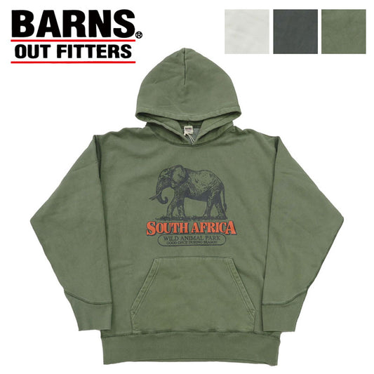 バーンズ BARNS 長袖 プルパーカー アスレチックシリーズ プリント ピグメント染め ”Wild Animal Park” BR-24446【2024-25年秋冬新作】