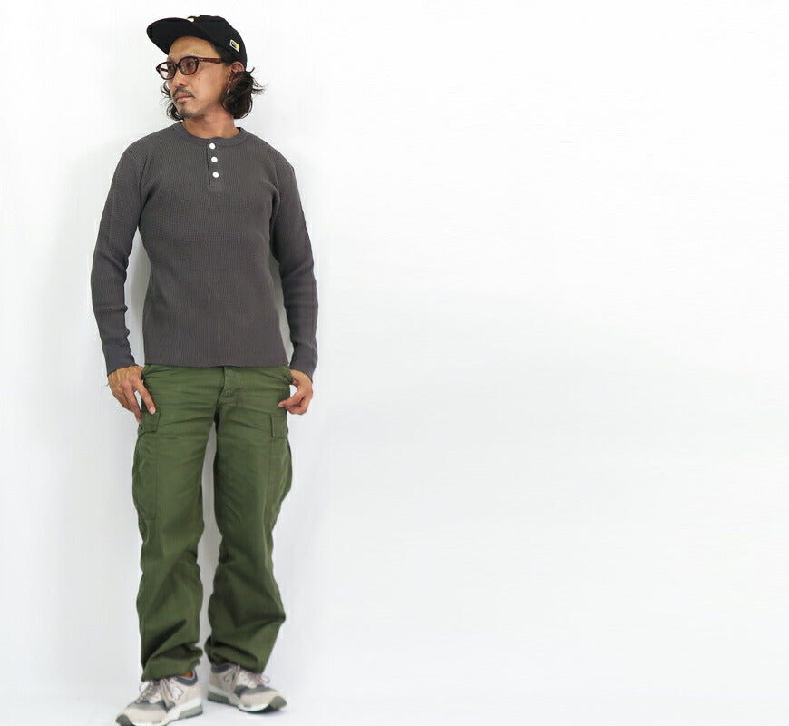 バーンズ BARNS 20/2 ヘビーサーマル 長袖 ヘンリーネック Tシャツ ワッフル BR-3081 【2024-25年秋冬新作】