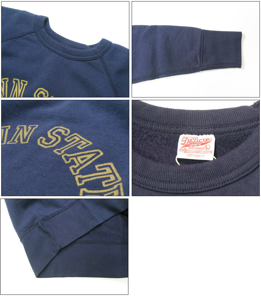 デラックスウェア DELUXEWARE ラグランスリーブ クルーネック スウェット 14ozミディアムニット ユニオンスペシャル "PENN STATE" S204-07【2025年秋冬新作】