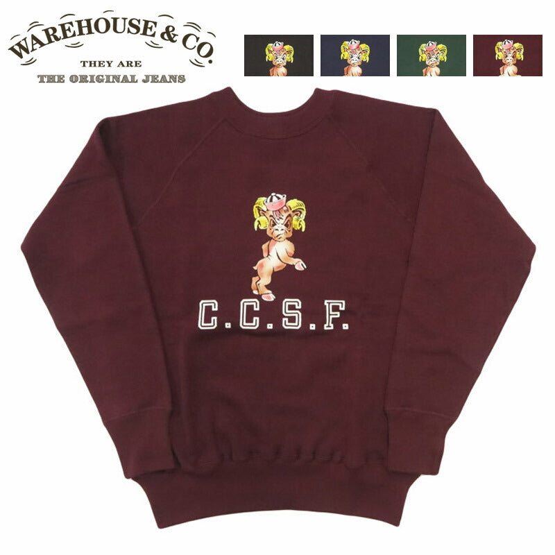 ウェアハウス WAREHOUSE 長袖 ラグランスリーブ  クルーネック スウェット フロッキープリント C.C.S.F. Lot.409 【20025年秋冬新作】